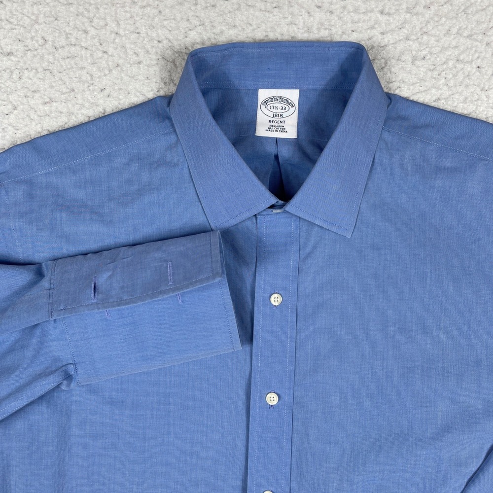 Brooks Brothers Dress Shirt Mens 17.5 33 Blue Regent Non-Iron French Cuff 1818